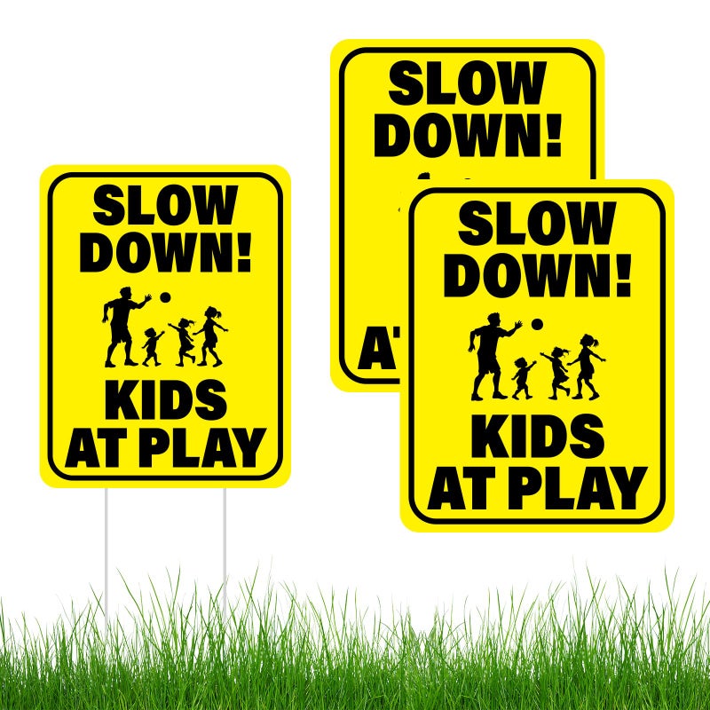 BLSUREFYX 3 PCS Slow Down Kids At Play Sign 14.2 x 11 Inches Children At Play Safety Signs for Street Double Sided Weatherproof Slow Down Signs for Street Neighborhoods Yard Outdoor Use Yellow - Image 1